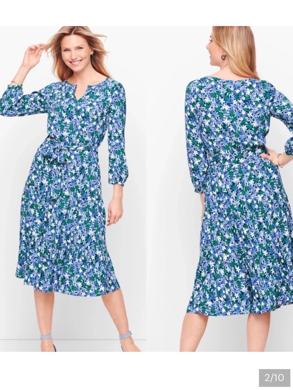 Talbots Floral Tie Waist Midi Dress 3/4 Sleeve Blue Green Size 14WP plus petite